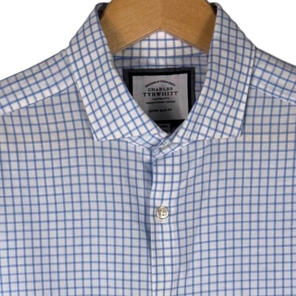Charles Tyrwhitt Extra Slim Fit Check Linen Cotton Shirt Mens 16.5 35 Blue White